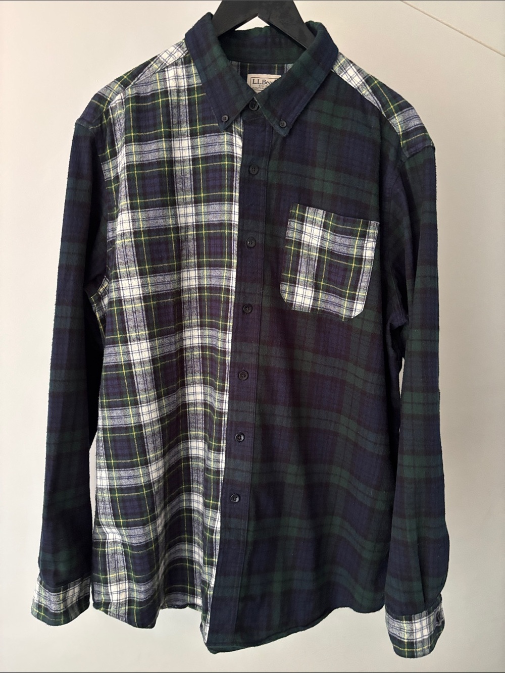 L.L.Bean L-REG Patchwork Plaid Shirt Navy Green Cotton Traditional Fit